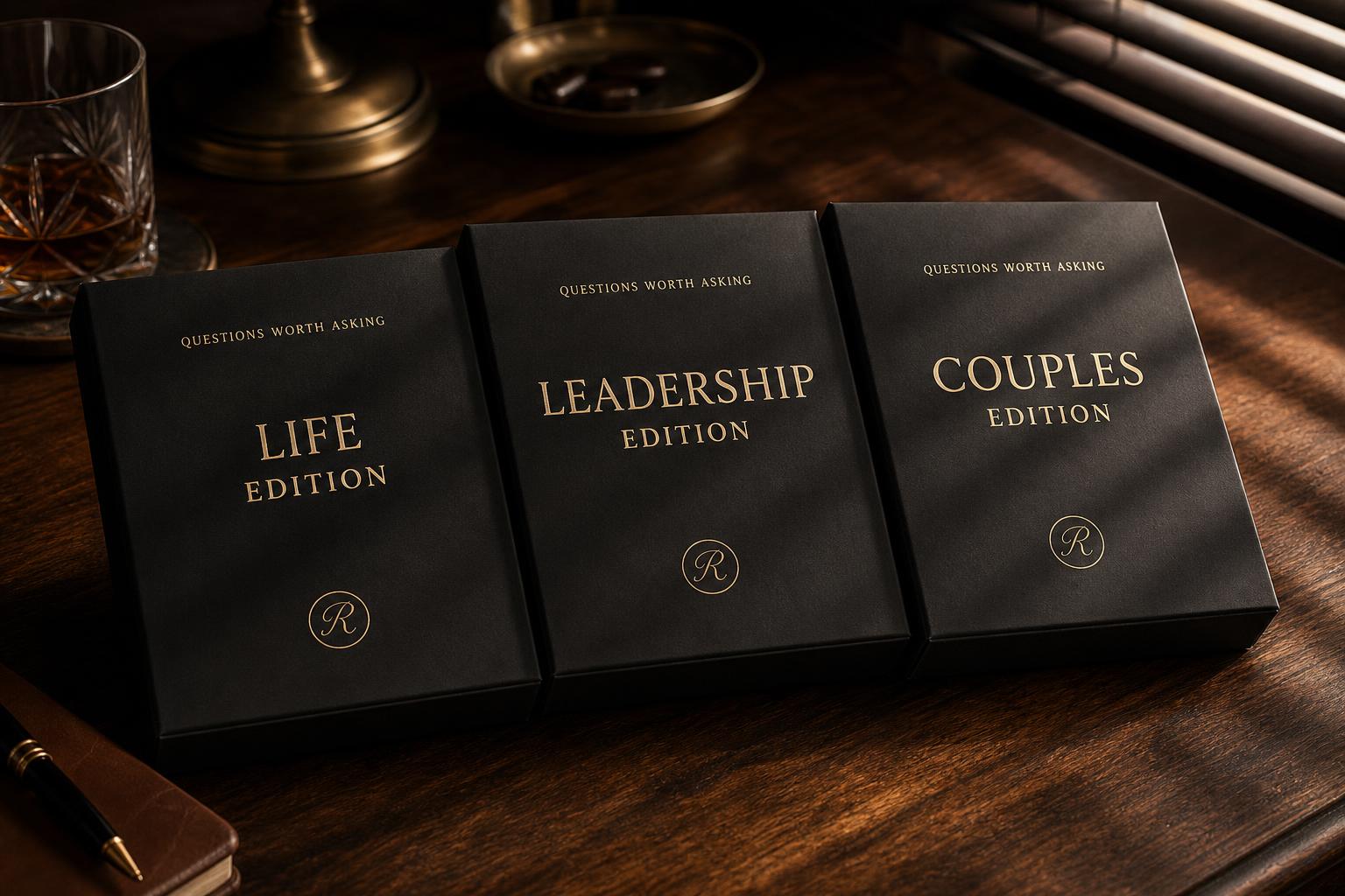 The Question Deck, three matte-black editions with copper detailing