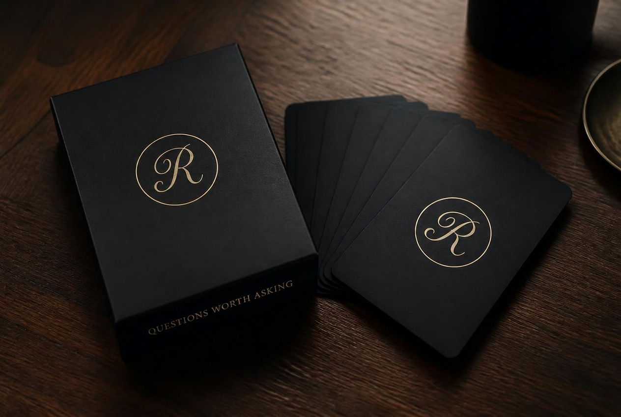 A few cards from The Question Deck scattered on a clean table in soft natural light