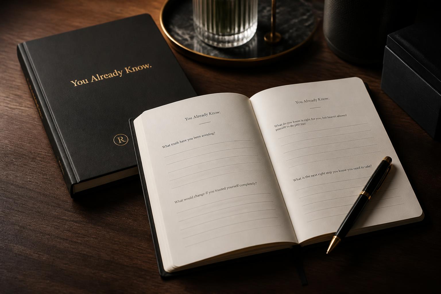 Open spread of The Question Journal showing a prompt and writing space